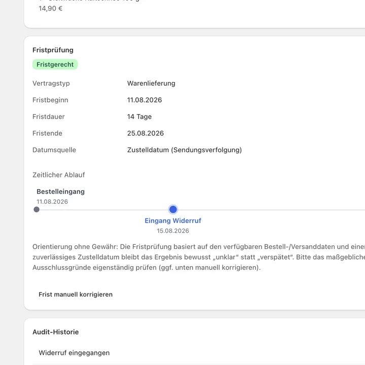Fristprüfung mit Fristbeginn, Fristende und Zeitstrahl im Shopify-Admin