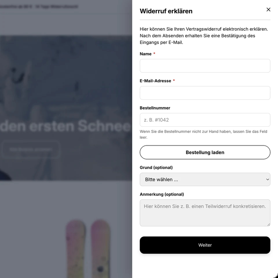 Widerrufsformular über der Shop-Seite mit den Feldern Name, E-Mail und Bestellnummer