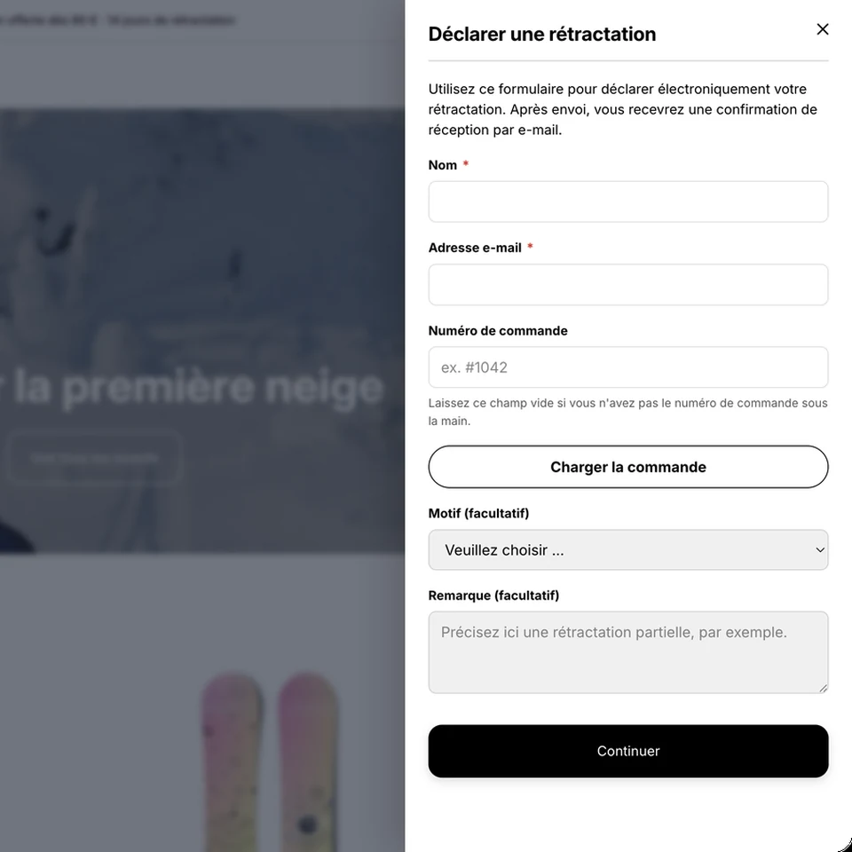 Formulaire de rétractation au-dessus de la page boutique, avec nom, e-mail et numéro de commande