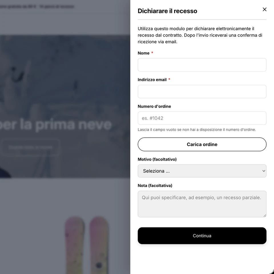 Modulo di recesso sopra la pagina del negozio con i campi nome, e-mail e numero d'ordine
