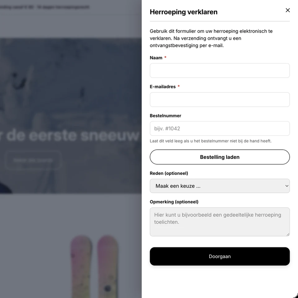 Herroepingsformulier over de shoppagina met de velden naam, e-mail en bestelnummer