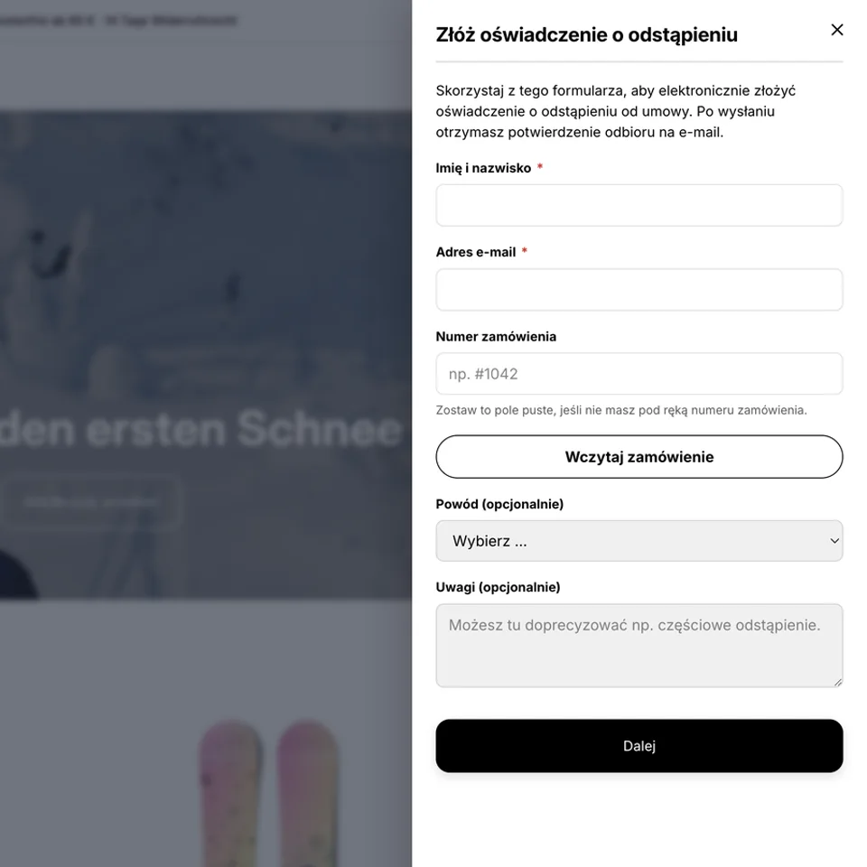 Formularz odstąpienia nad stroną sklepu z polami imię, e-mail i numer zamówienia