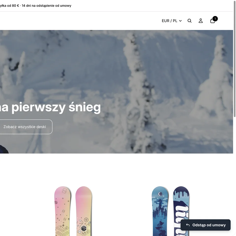 Sklep Shopify z osadzonym przyciskiem odstąpienia na dole po prawej