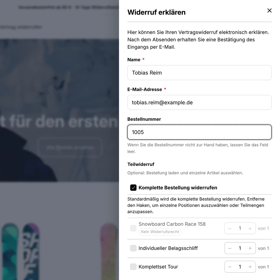 Widerrufsformular mit geladener Bestellung und Artikelliste über der Shop-Seite